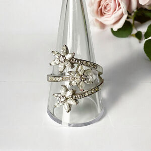 Vintage Nevada Sterling Plated Clear Crystal Rhinestone Flower Ring, Adjustable